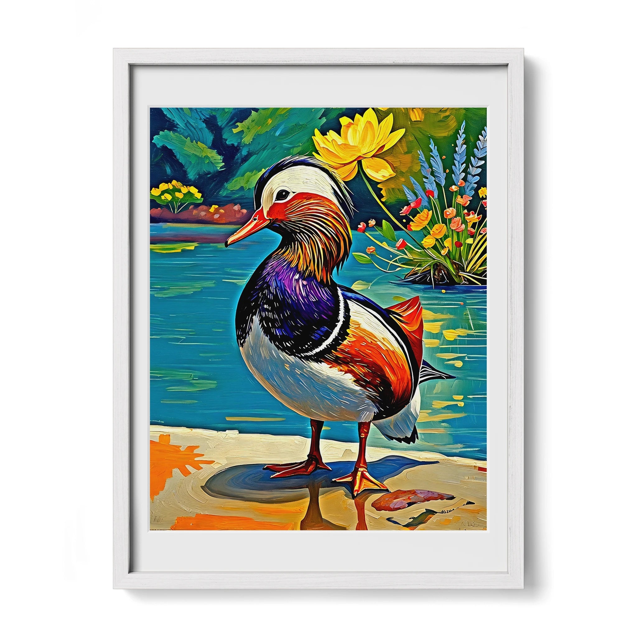 Yuanyang Mandarin Duck Aix Galericulata-Framed Paper Print-452202 White Premium Oak Mats Visual Wall Art Framed Print