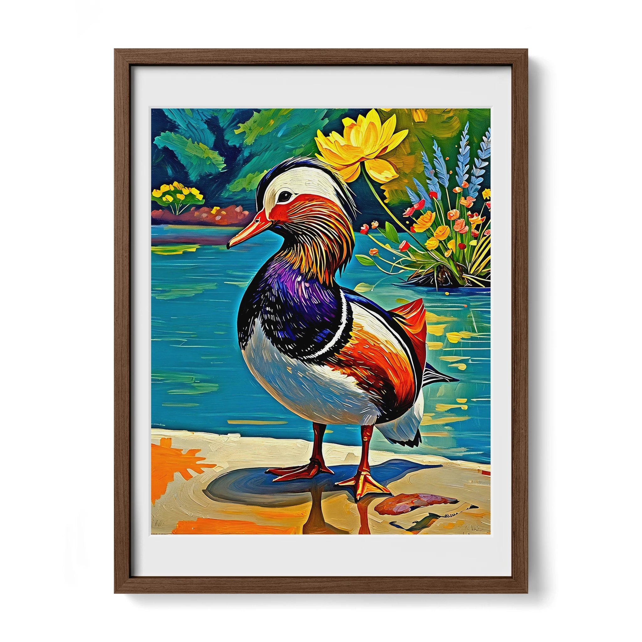 Yuanyang Mandarin Duck Aix Galericulata-Framed Paper Print-452202 Walnut Premium Oak Mats Visual Wall Art Framed Print