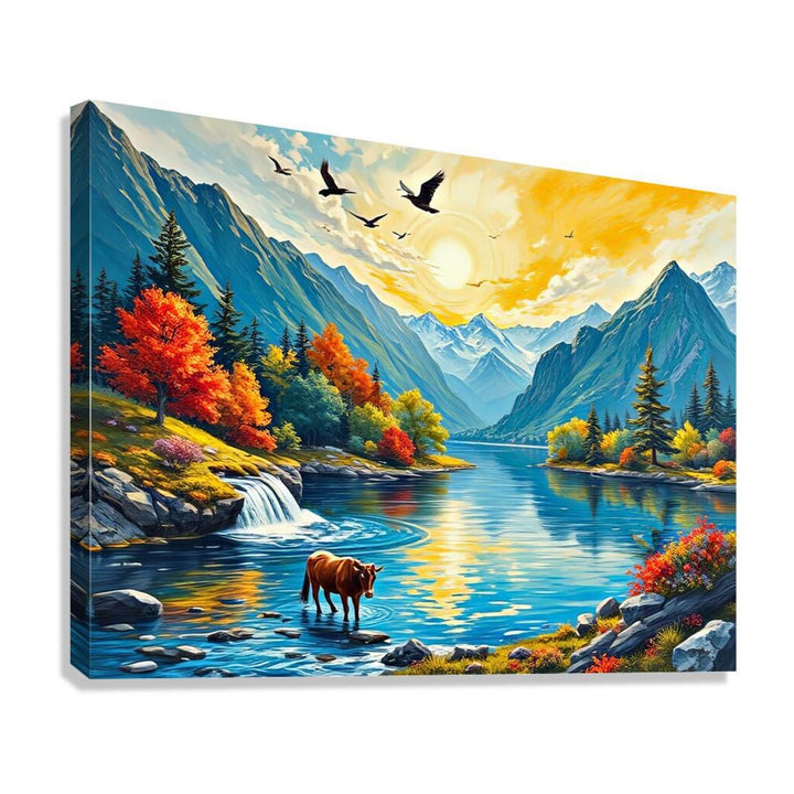 A Serene Mountain Lake Nature Art Print 43702 Giclée Stretched Canvas Print Visual Wall Art