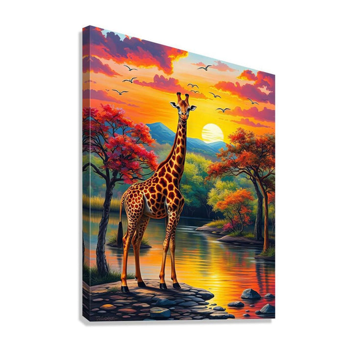 Beautiful Giraffe Portrait Sunset, Animal Art Print 34806 Giclée Stretched Canvas Print Visual Wall Art