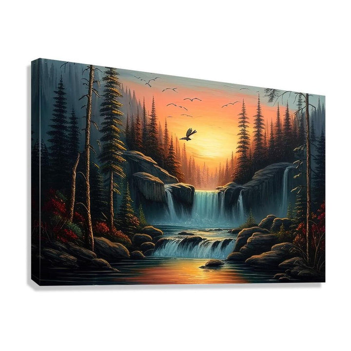 Beautiful Sunset Waterfall, Landscape Nature Art Print 32300 Giclée Stretched Canvas Print Visual Wall Art