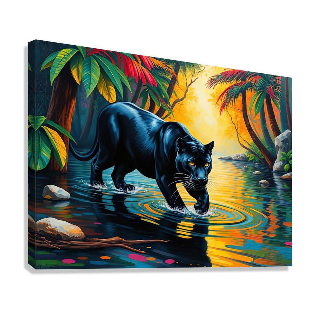 Big Black Panther In River, Animal Art Print 43812 Giclée Stretched Canvas Print Visual Wall Art