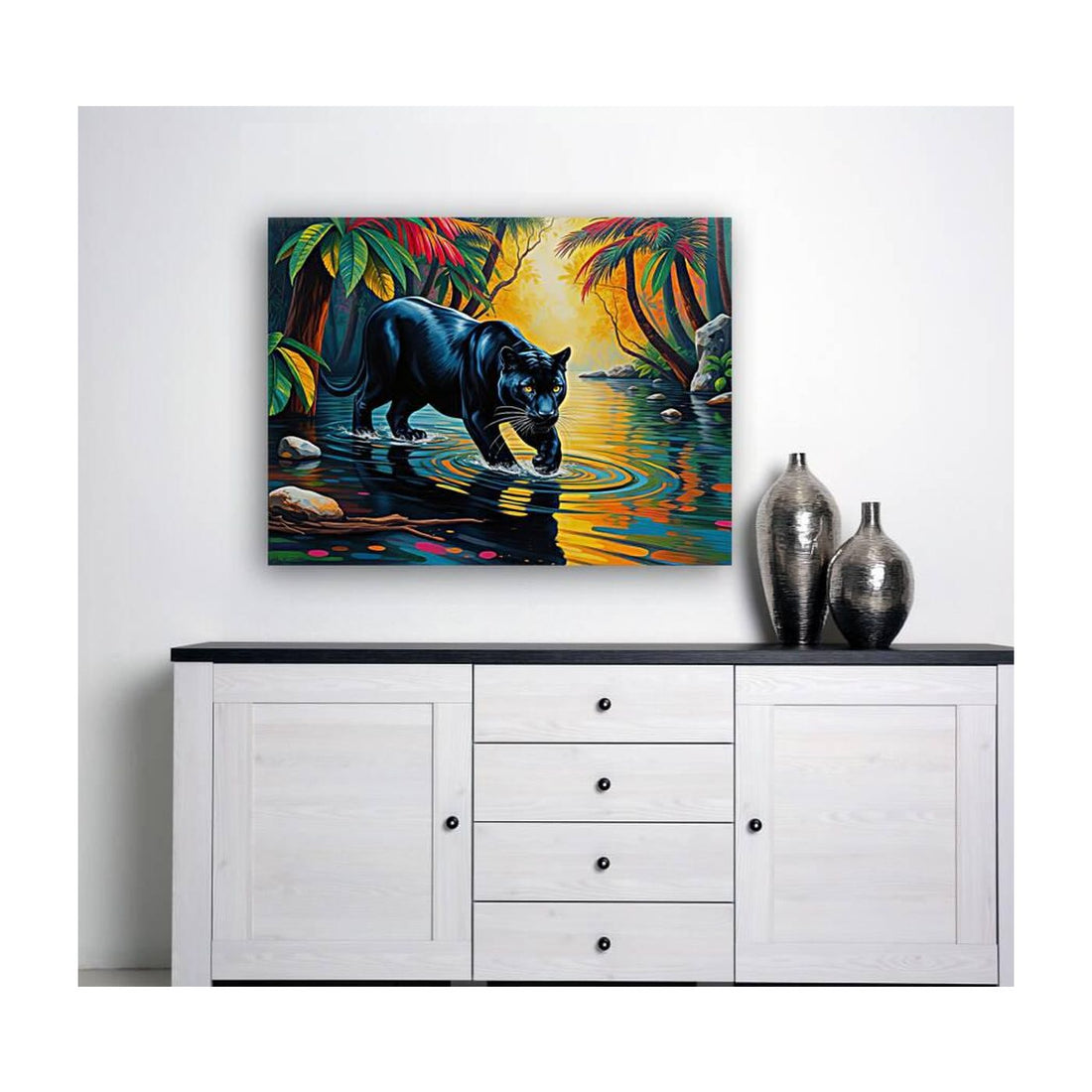 Big Black Panther In River, Animal Art Print 43812 Visual Wall Art