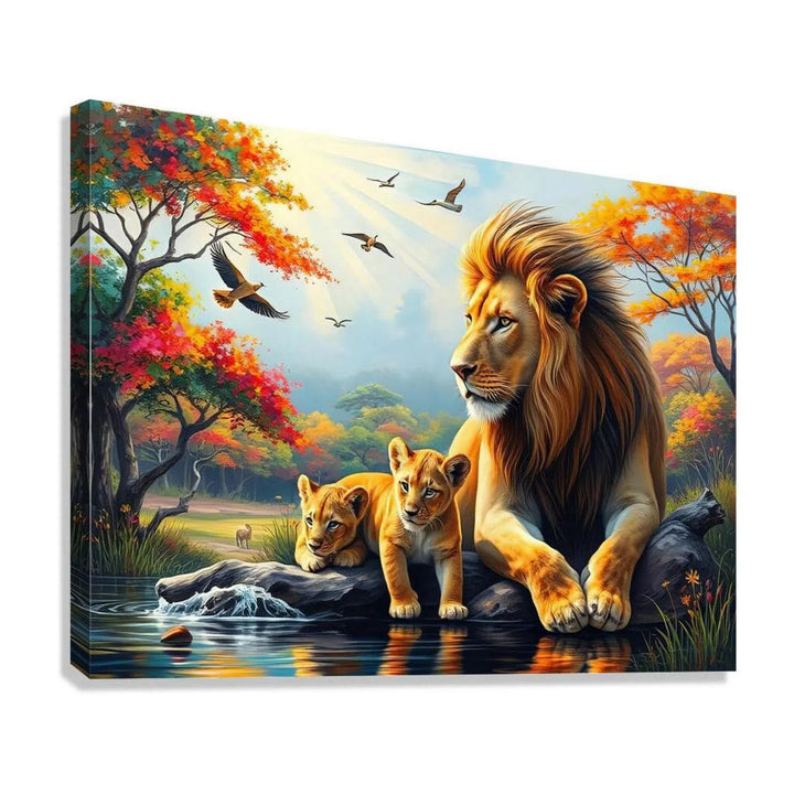 Big Male Lion And Cubs, Animal Art Print 43837 Giclée Stretched Canvas Print Visual Wall Art