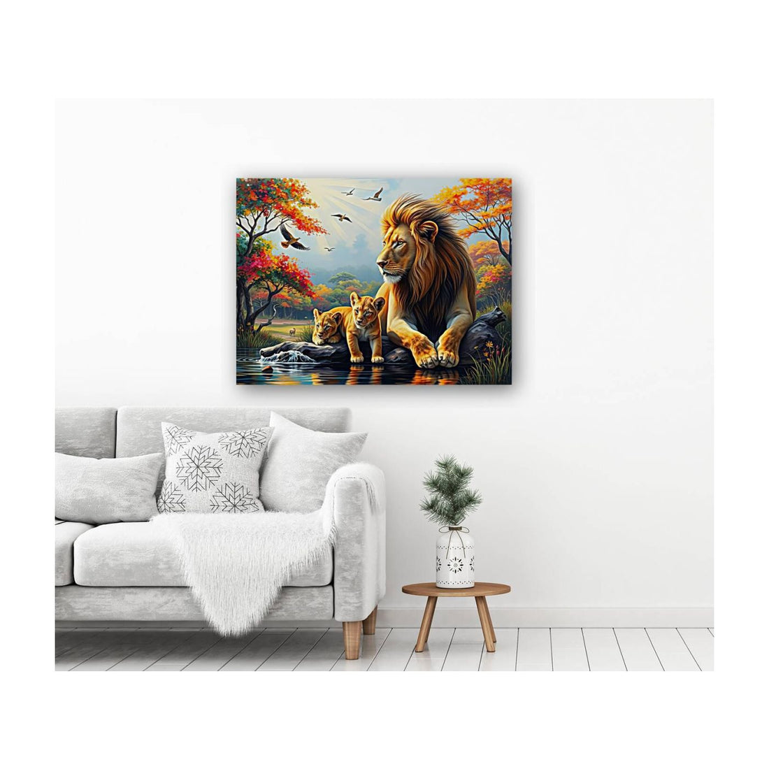 Big Male Lion And Cubs, Animal Art Print 43837 Visual Wall Art