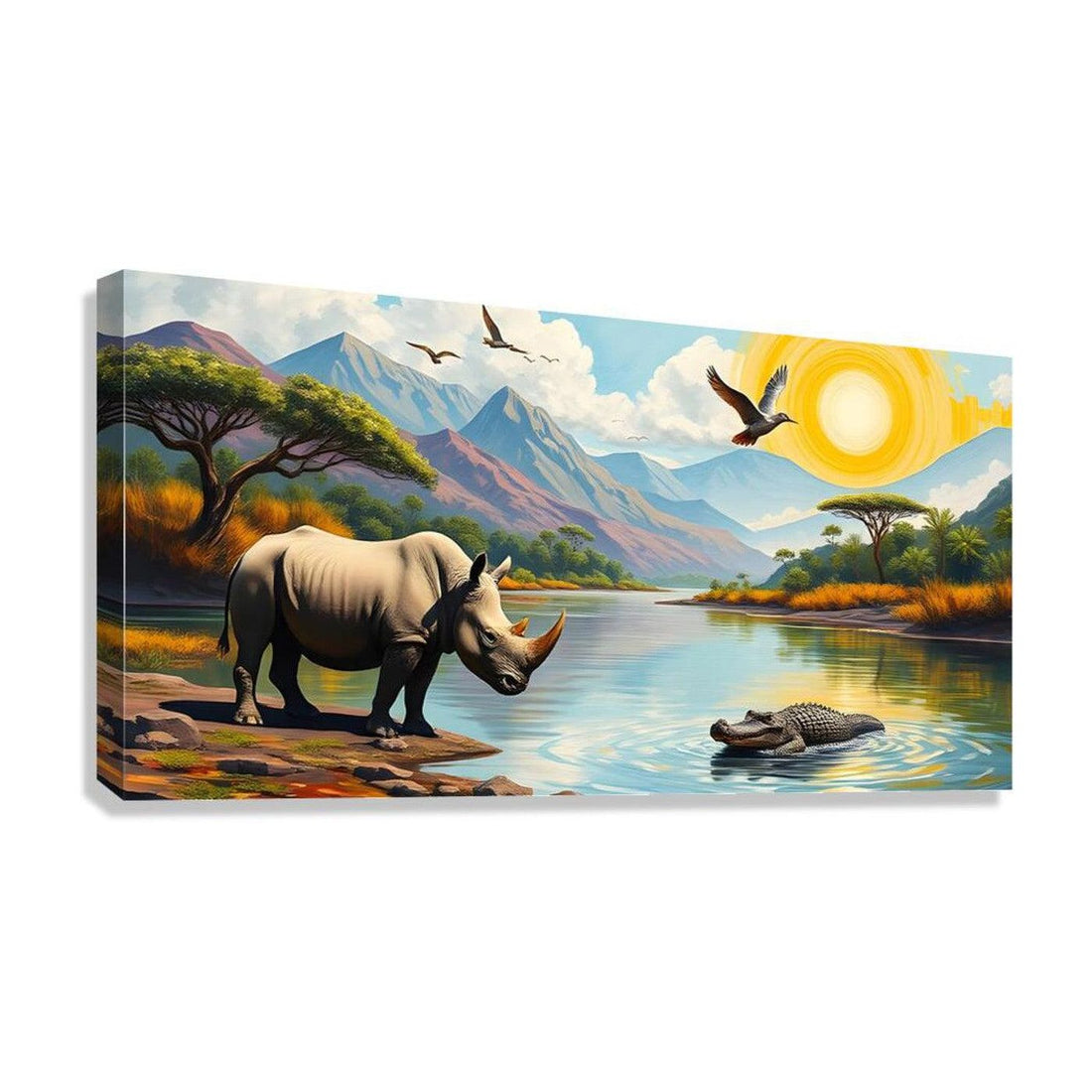 Big Rhino Staring Crocodile, Animal Art Print 21302 Giclée Stretched Canvas Print Visual Wall Art