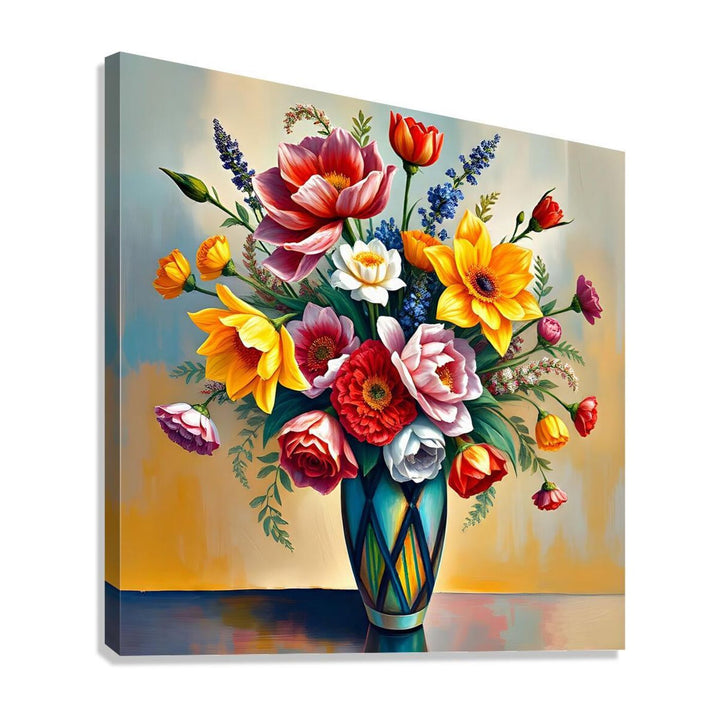 Blooms In A Turquoise Gold Vase Still Life Print-11922 Giclée Stretched Canvas Print Visual Wall Art