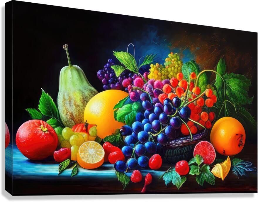 Basket Of Overflowing Fruits, Still Life Nature Art Print 32615 Giclée Stretched Canvas Print Visual Wall Art