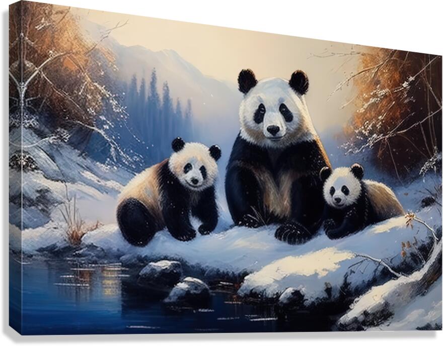 Pandas Near River , Animal Art Print 32901 Giclée Stretched Canvas Print Visual Wall Art