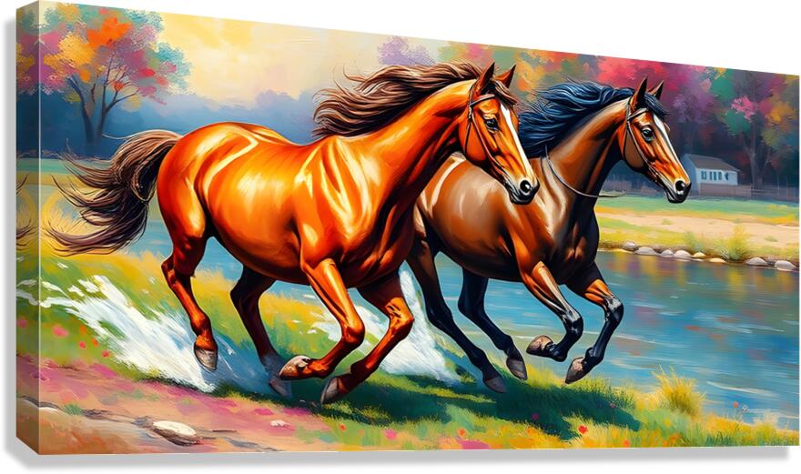 Beautiful Brown Horses Running, Animal Art Print 21802 Giclée Stretched Canvas Print Visual Wall Art