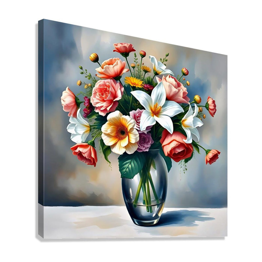 Bouquet Of Flowers In Clear Vase Still Life Print-11904 Giclée Stretched Canvas Print Visual Wall Art