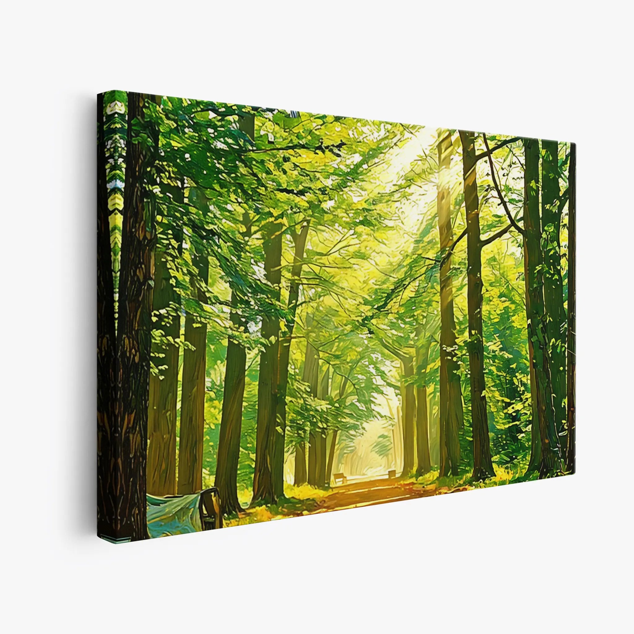 Canvas print of a sunlit forest path with tall trees and lush green foliage.