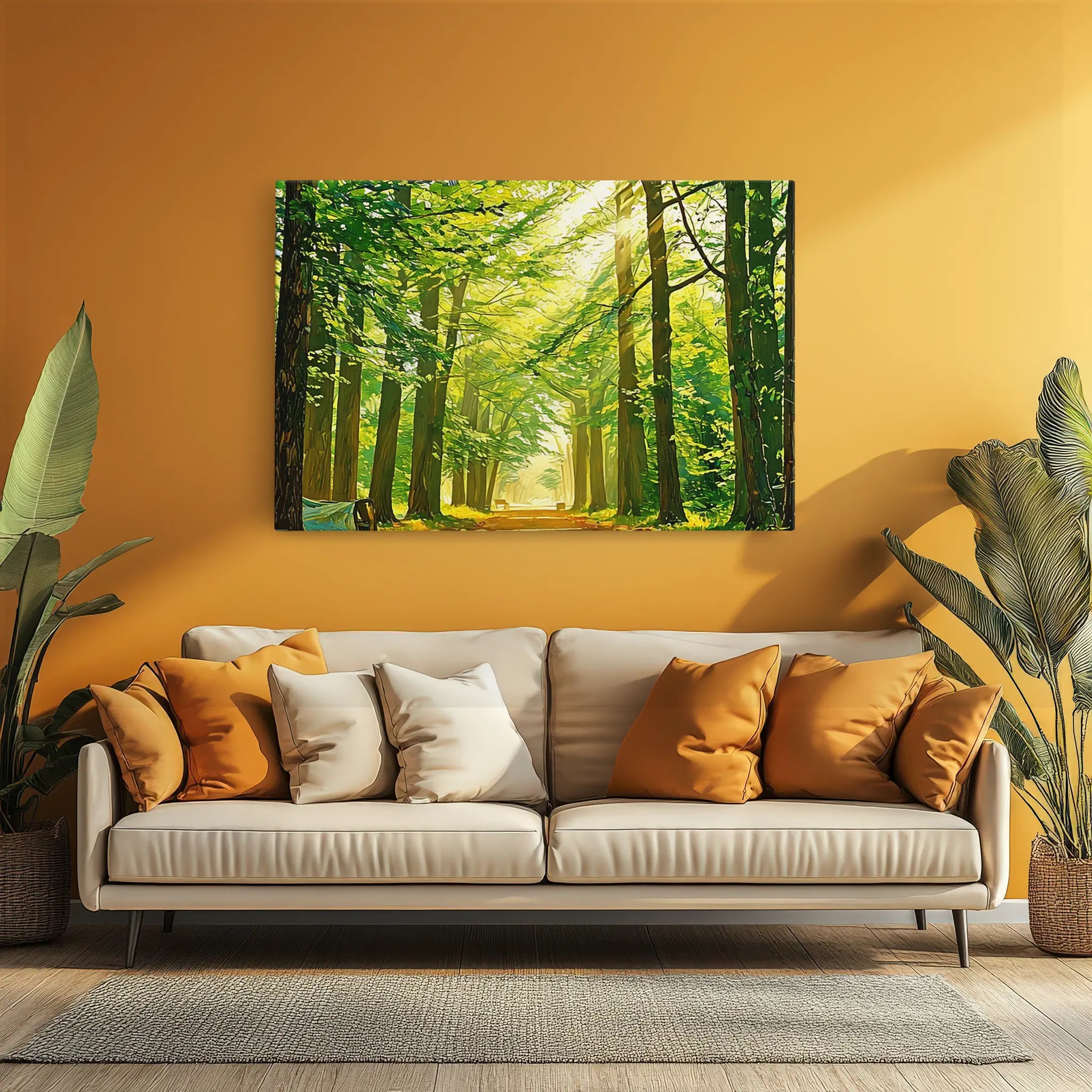 A cozy living room with a beige sofa, orange and white cushions, a forest landscape painting on a yellow wall, and potted plants.