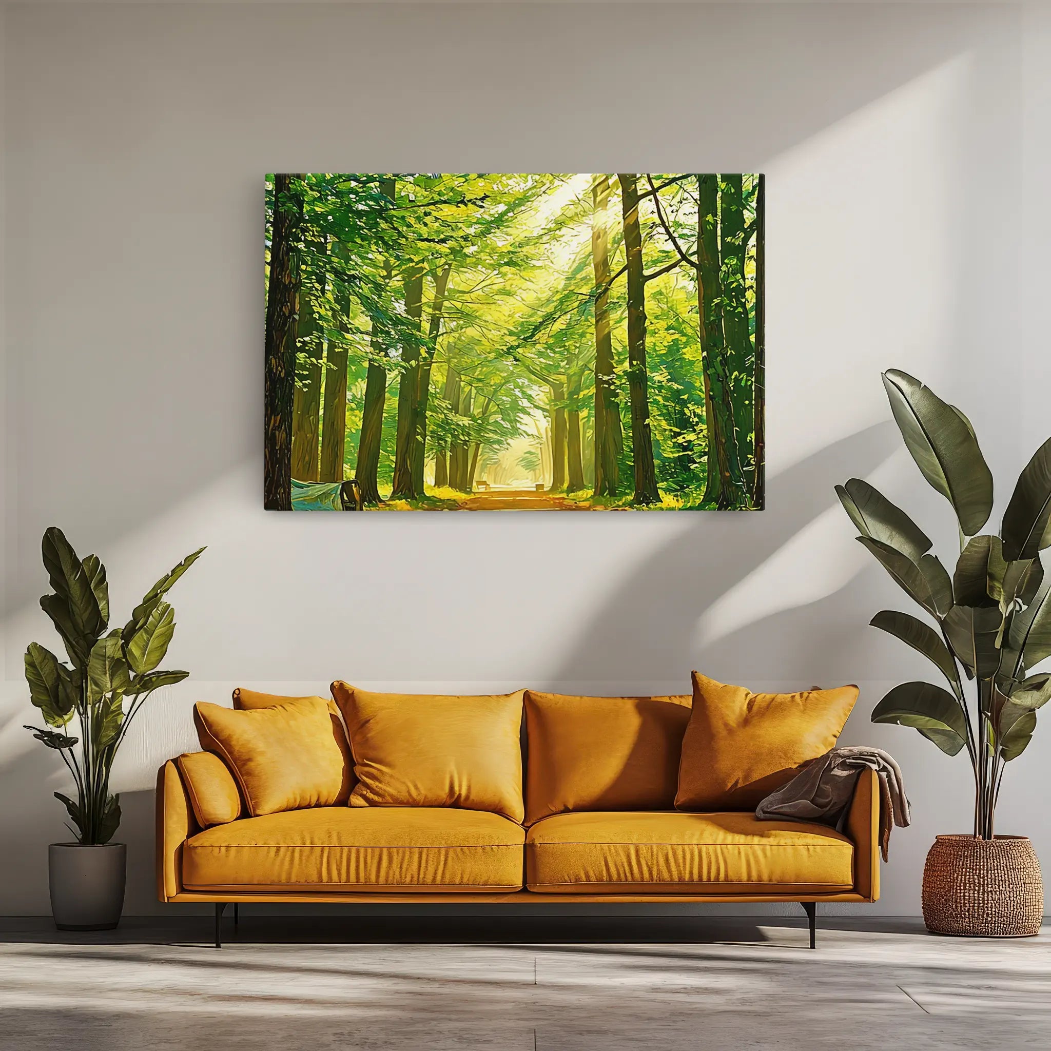 A mustard yellow sofa with cushions is placed against a white wall, featuring a large painting of a sunlit forest. Two potted plants flank the sofa.