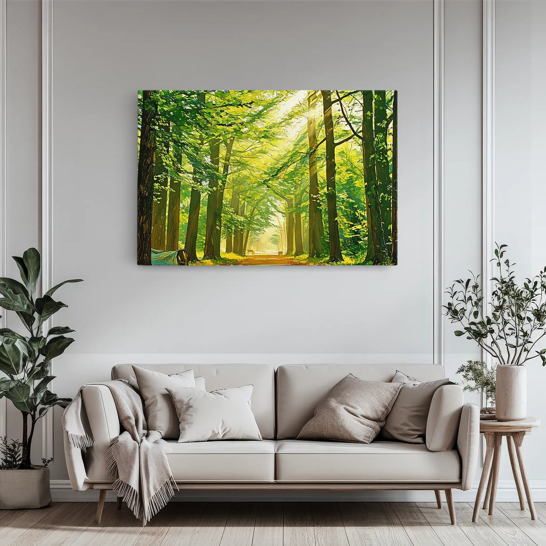 A modern living room with a beige sofa, decorative pillows, and a large forest landscape painting on the wall.