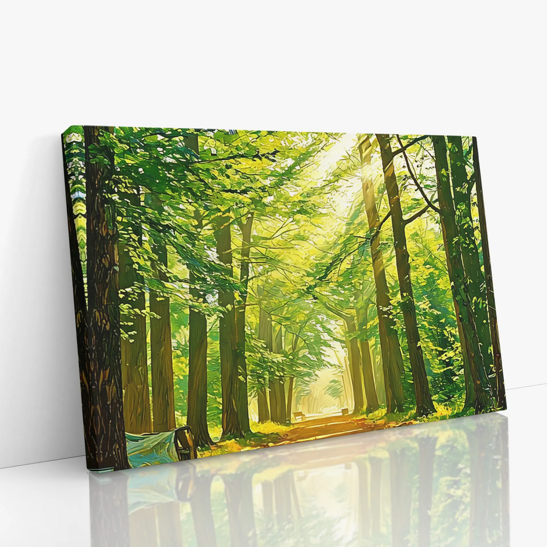 Canvas print of a sunlit forest path with tall green trees.