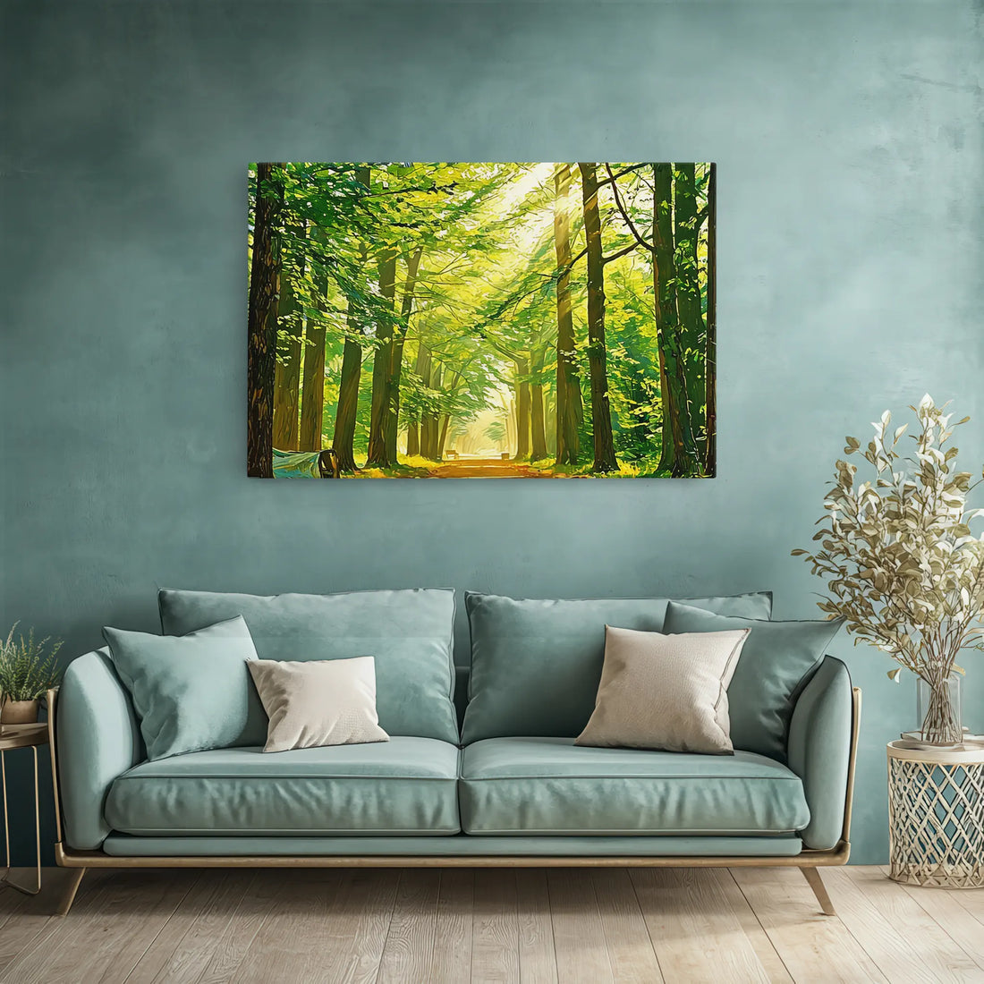 A teal sofa with white pillows in front of a forest landscape painting on a teal wall.