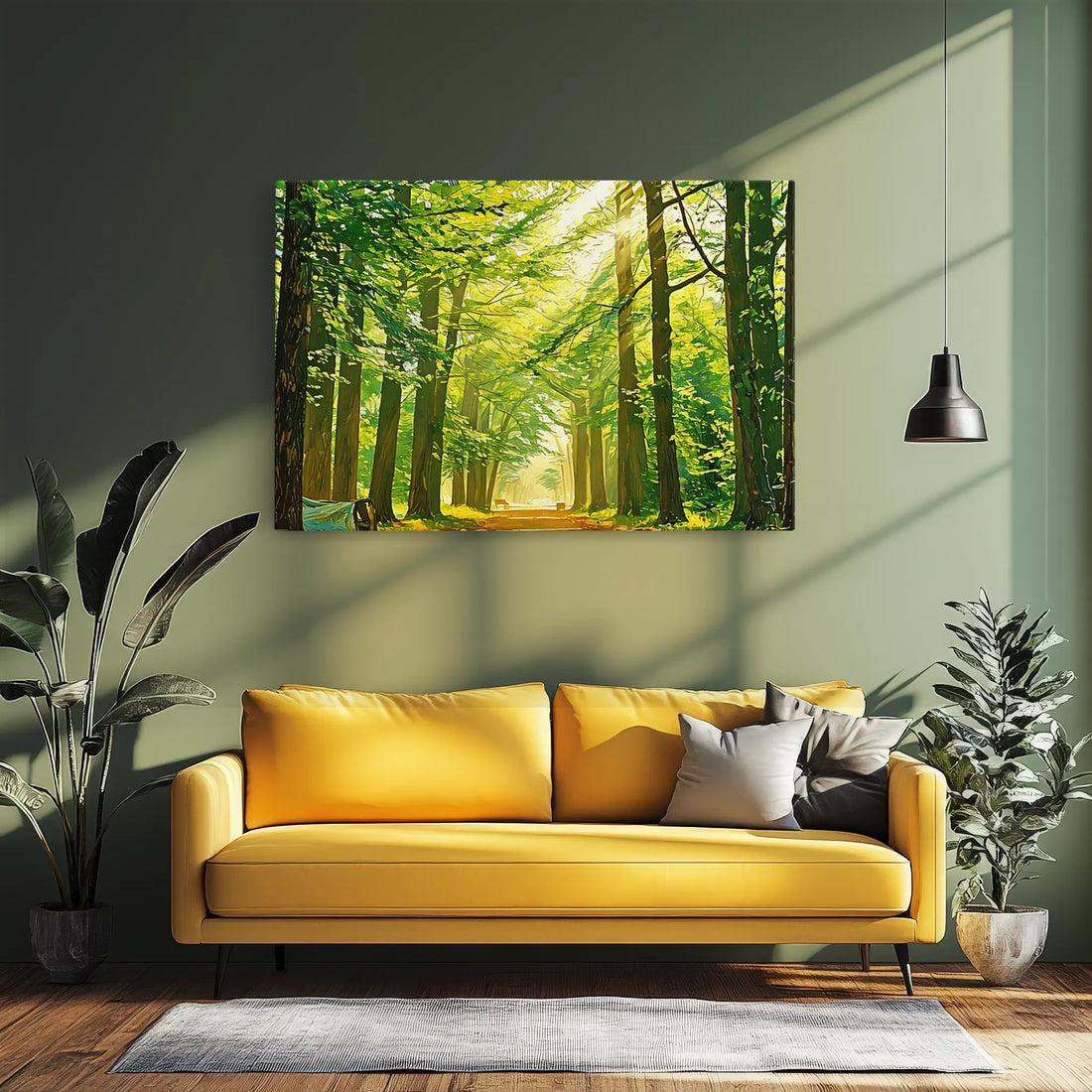 Yellow sofa with gray pillows in a sunlit room, featuring a forest painting on the wall and potted plants nearby.
