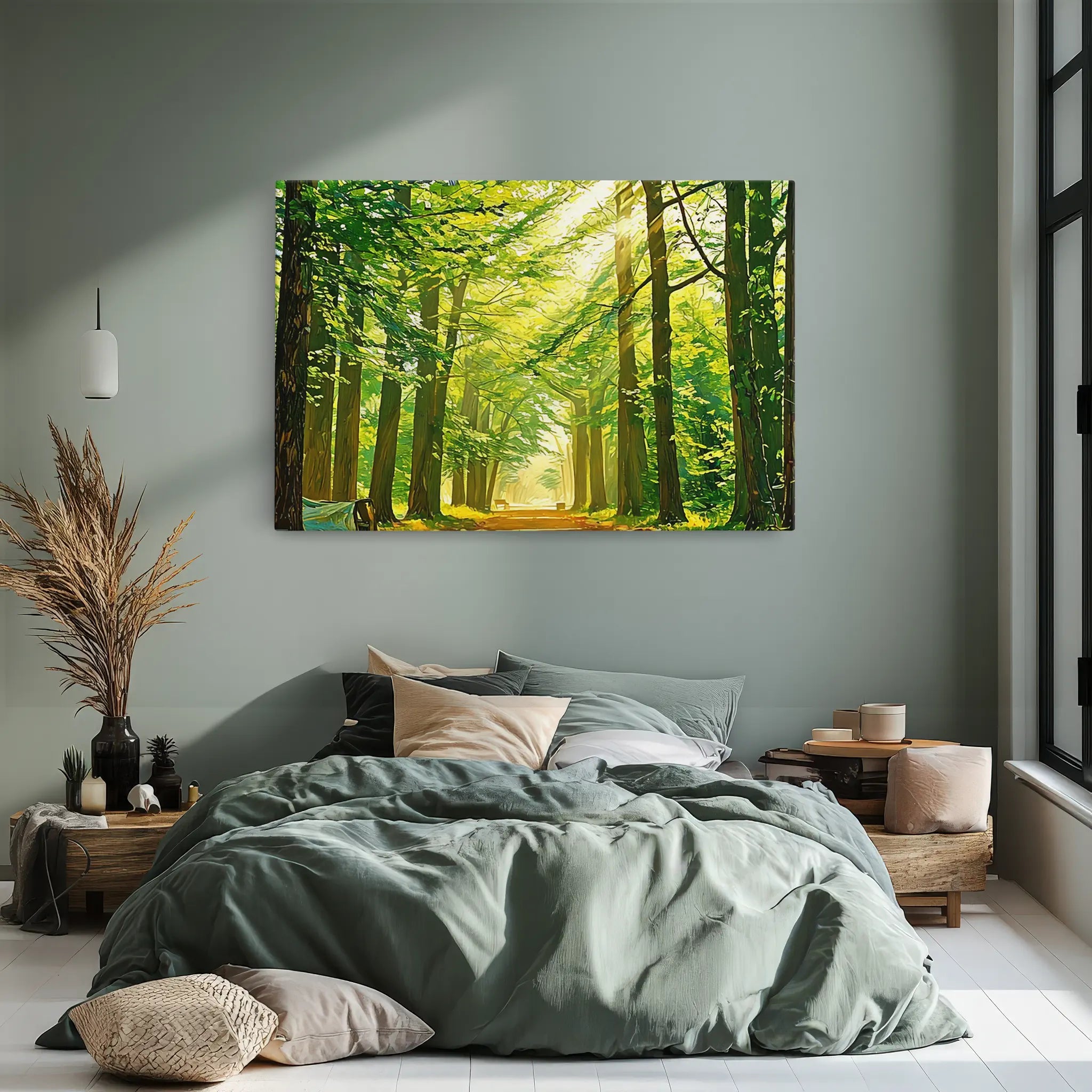 Bedroom with a forest-themed painting above a bed with green bedding and neutral pillows.