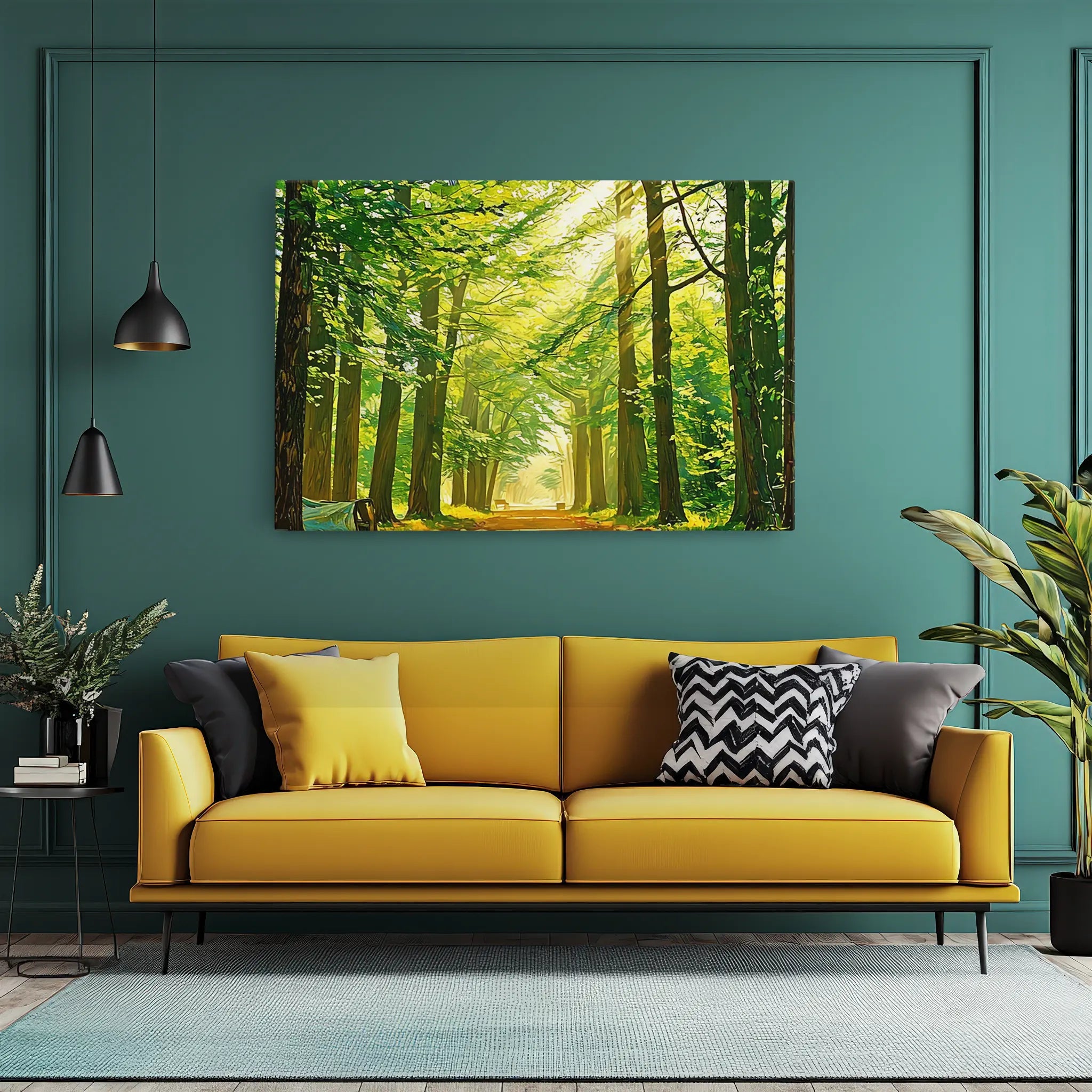 Yellow sofa with assorted pillows in a teal room, featuring a forest landscape painting above.