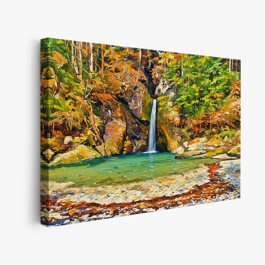 Canvas print of a vibrant autumn landscape with a waterfall and turquoise pool.