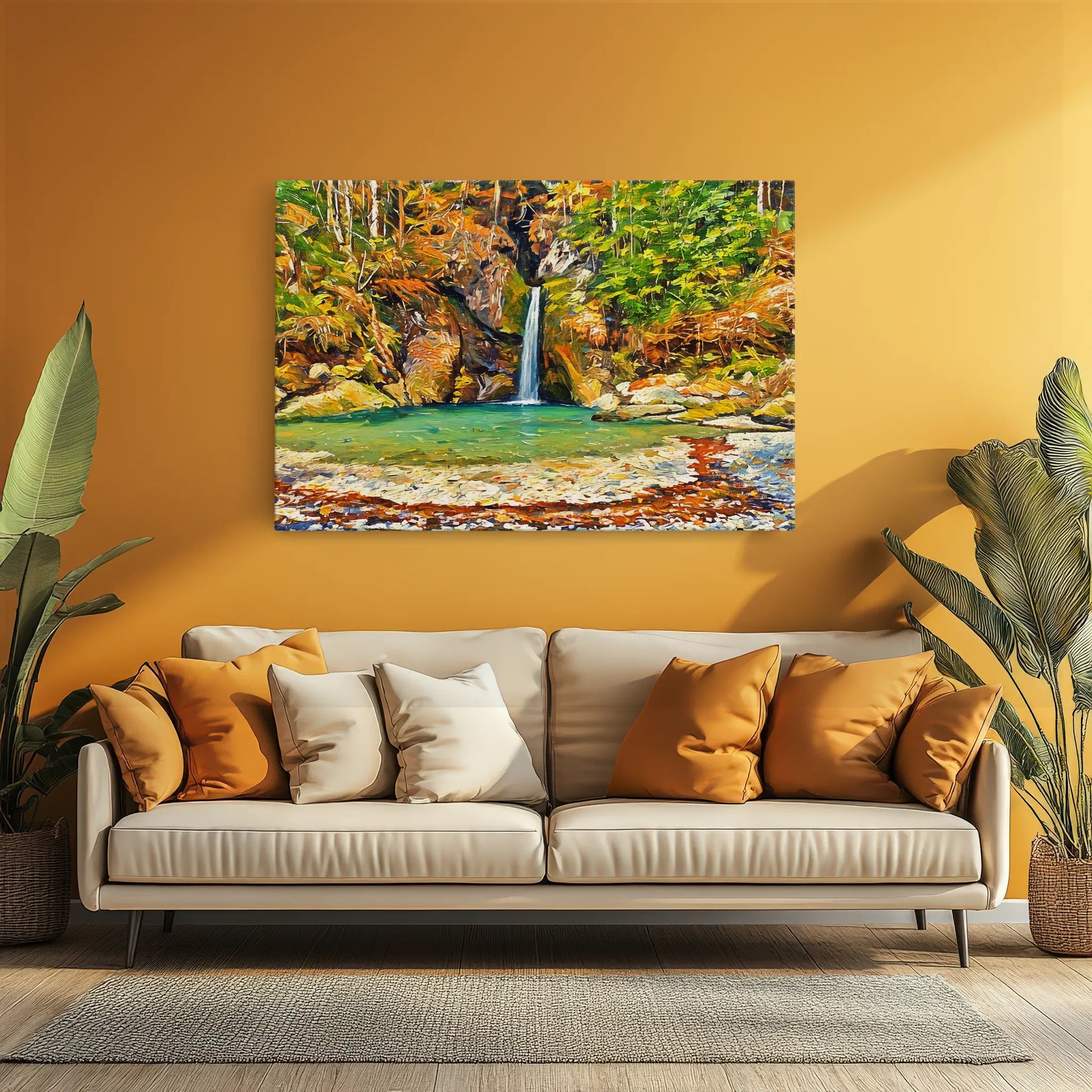 A cozy living room with a beige sofa, orange and white pillows, and a vibrant landscape painting of a waterfall on a yellow wall.