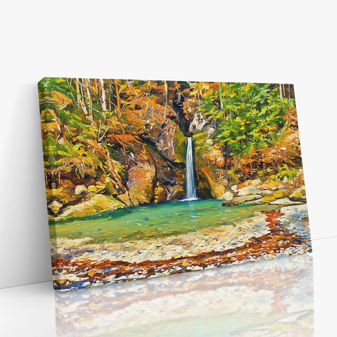 Canvas painting of a waterfall surrounded by autumn foliage.