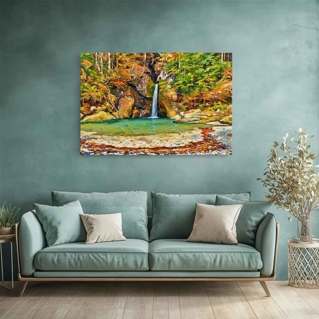 A teal sofa with white pillows is placed against a teal wall, featuring a colorful painting of a waterfall and autumn foliage above it.