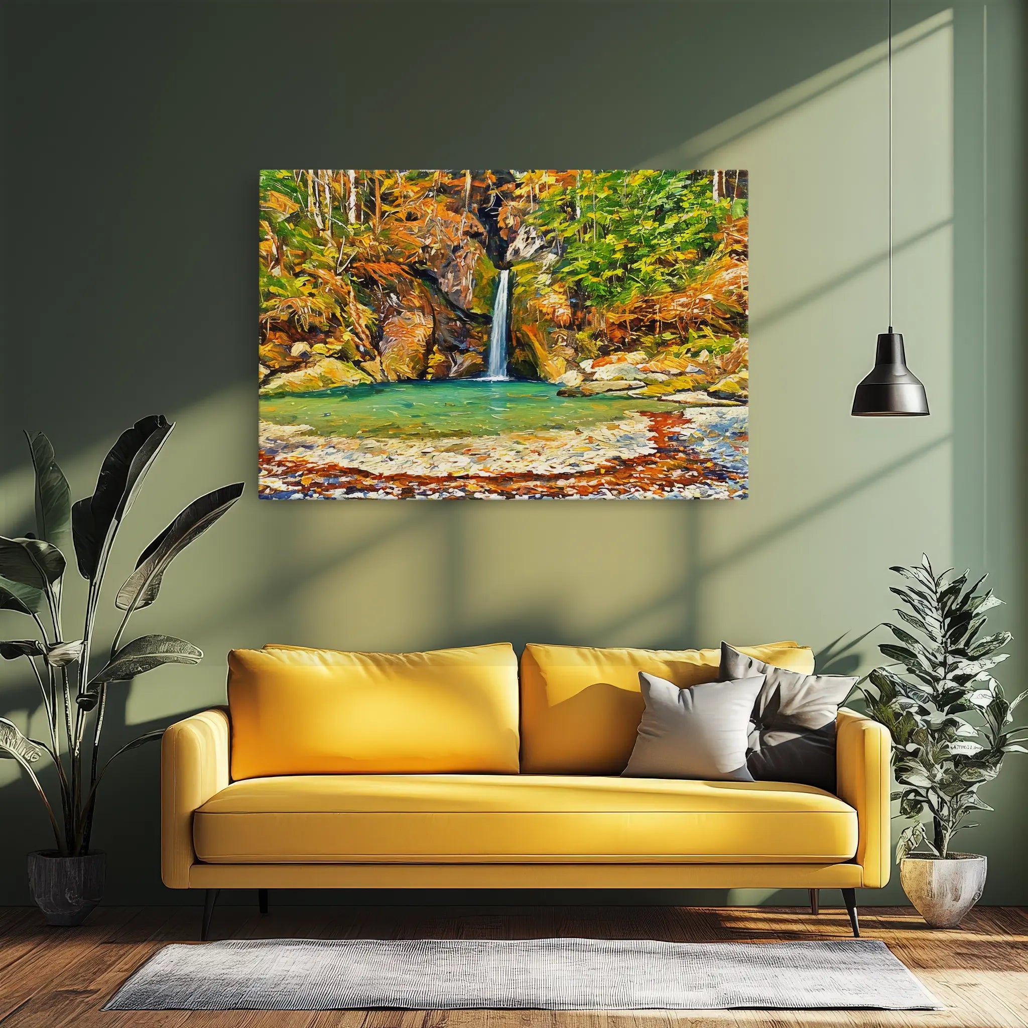 Yellow sofa with gray pillows in a modern living room, featuring a colorful waterfall painting on the wall and surrounded by plants.