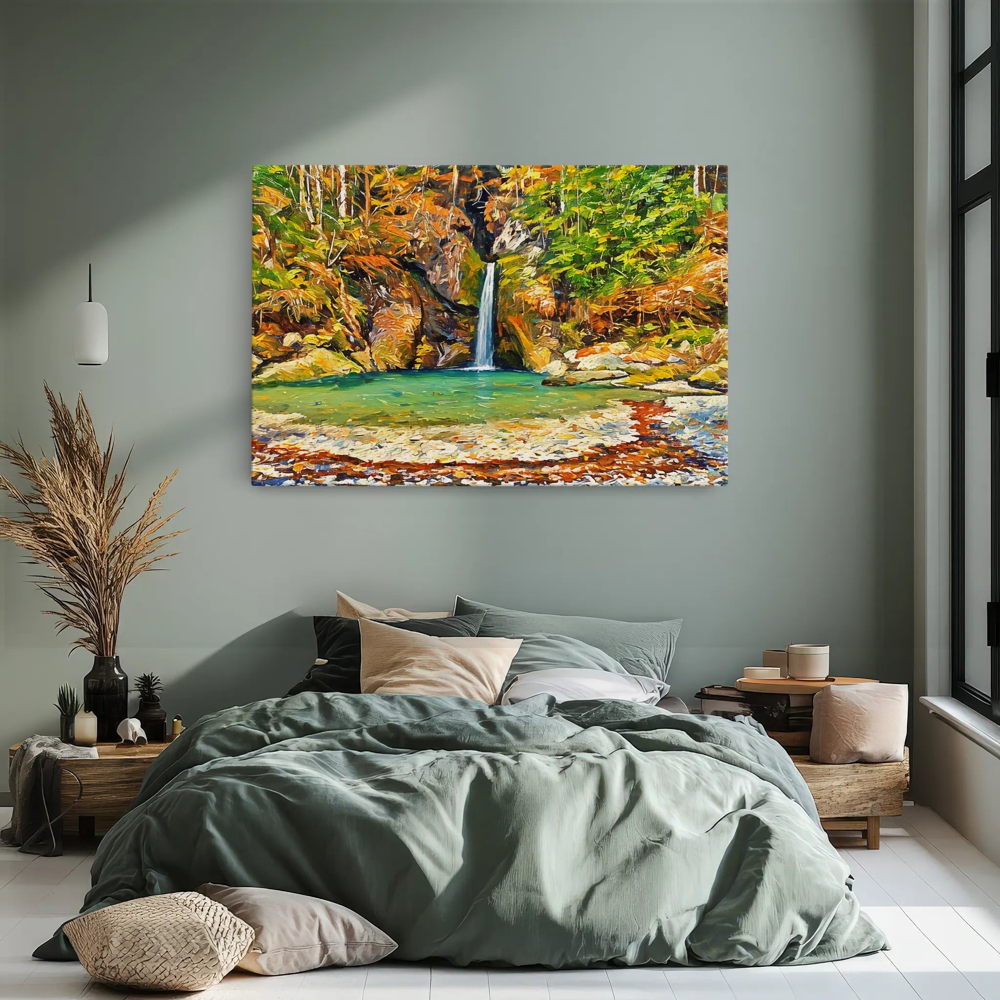 Bedroom with green bedding, a large nature painting of a waterfall on the wall, and minimalist decor.