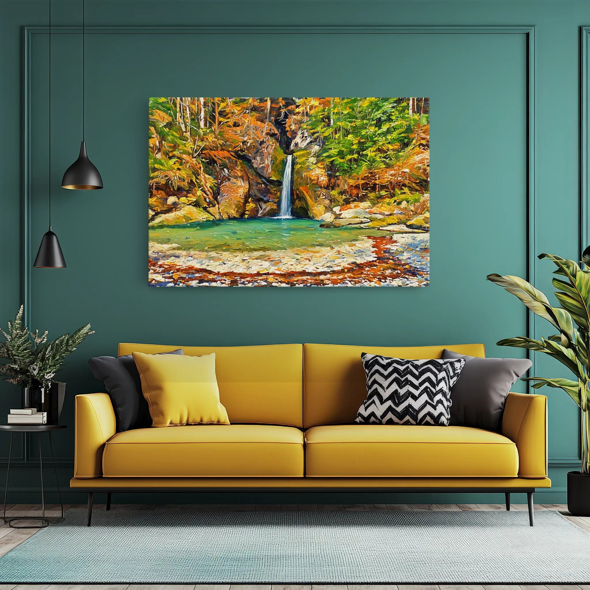 Yellow sofa with colorful cushions in a teal room, featuring a vibrant waterfall painting above.