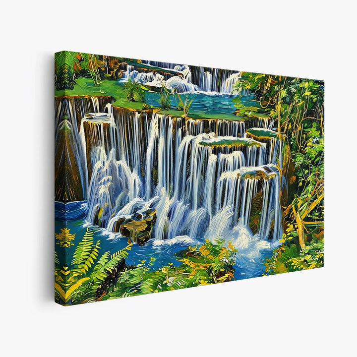 Canvas painting of a vibrant waterfall surrounded by lush greenery.