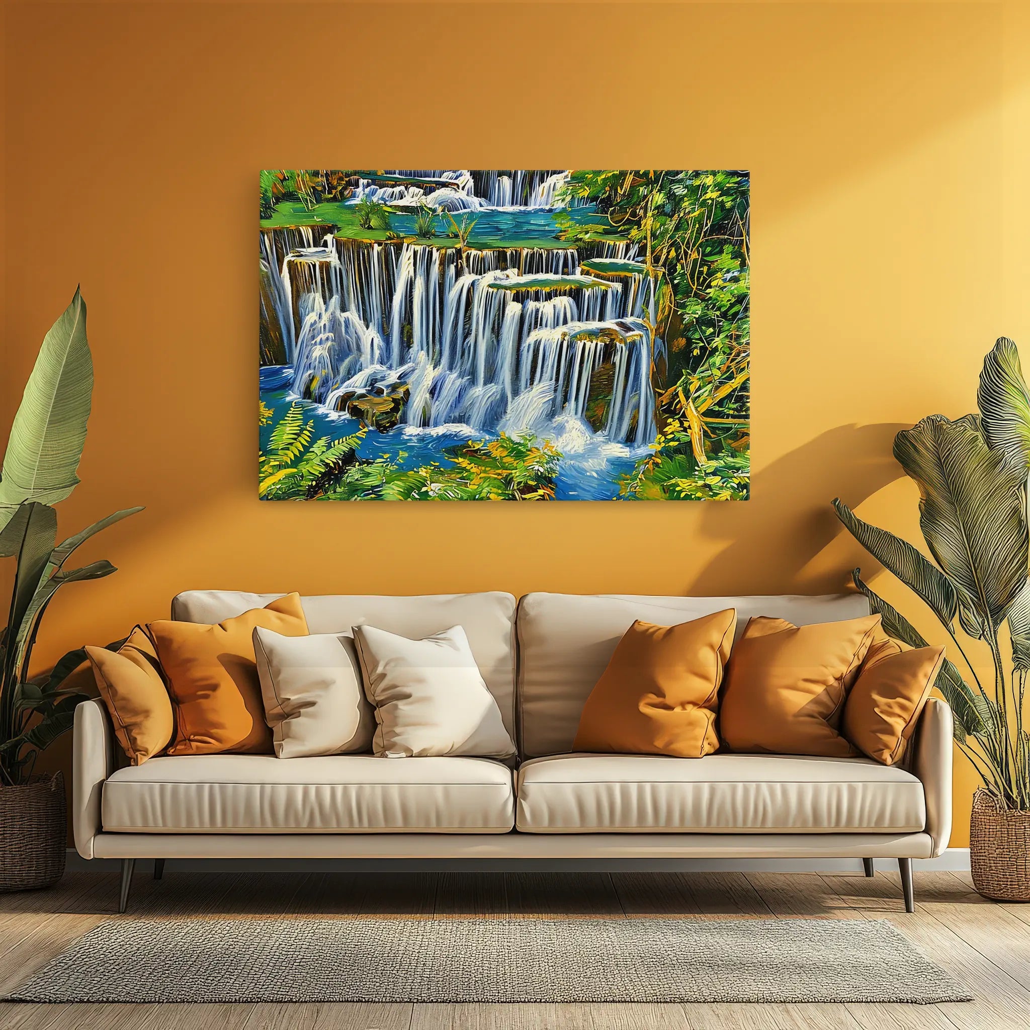 A beige sofa with orange and white cushions is set against a mustard yellow wall, featuring a vibrant waterfall painting.