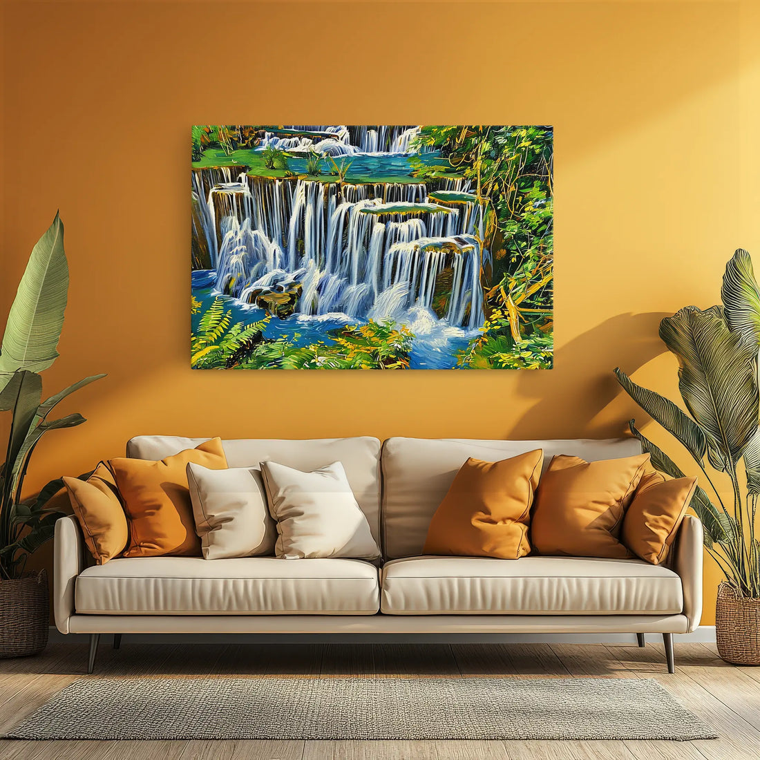 A beige sofa with orange and white cushions is set against a mustard yellow wall, featuring a vibrant waterfall painting.