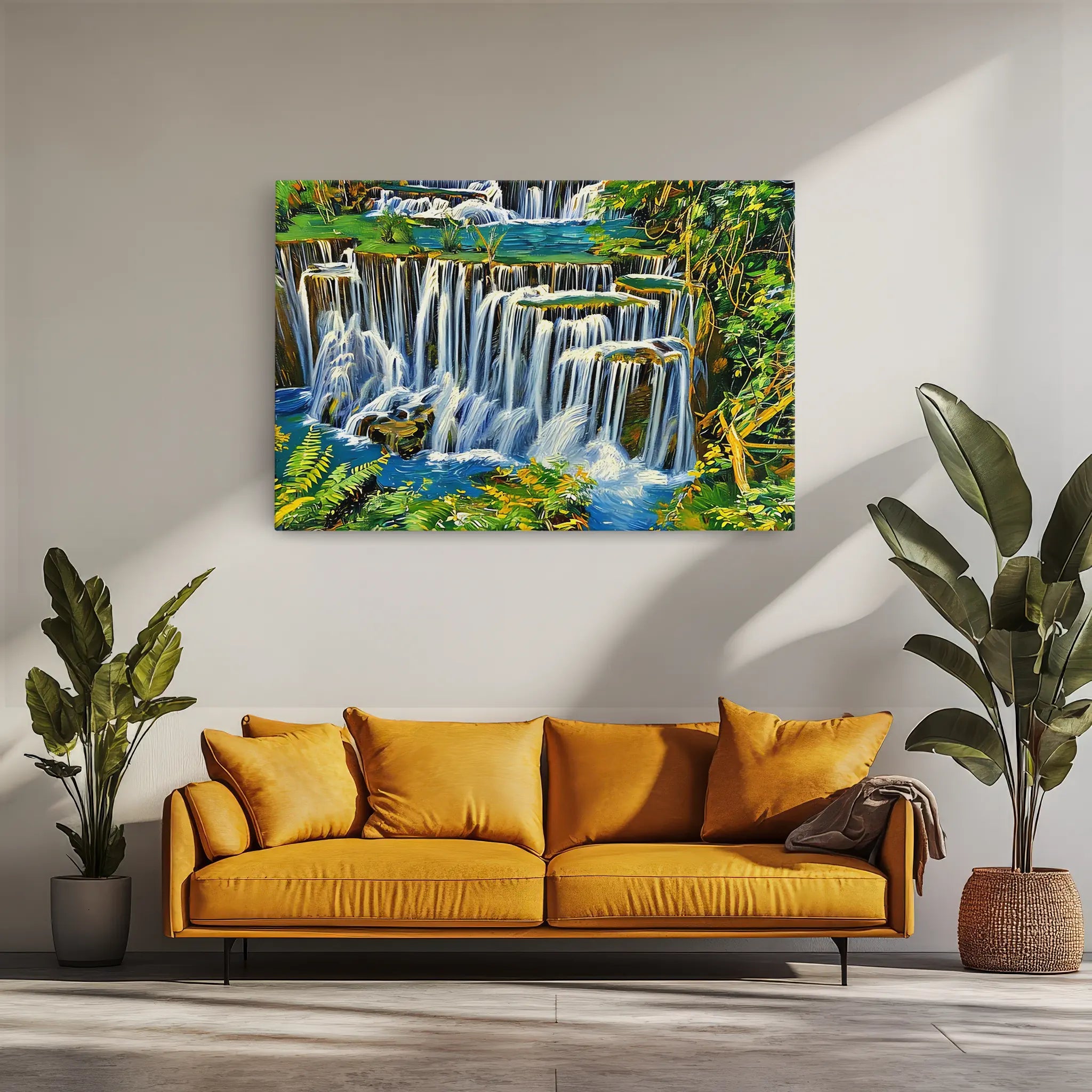 A vibrant painting of a waterfall hangs above a mustard yellow sofa, flanked by potted plants.