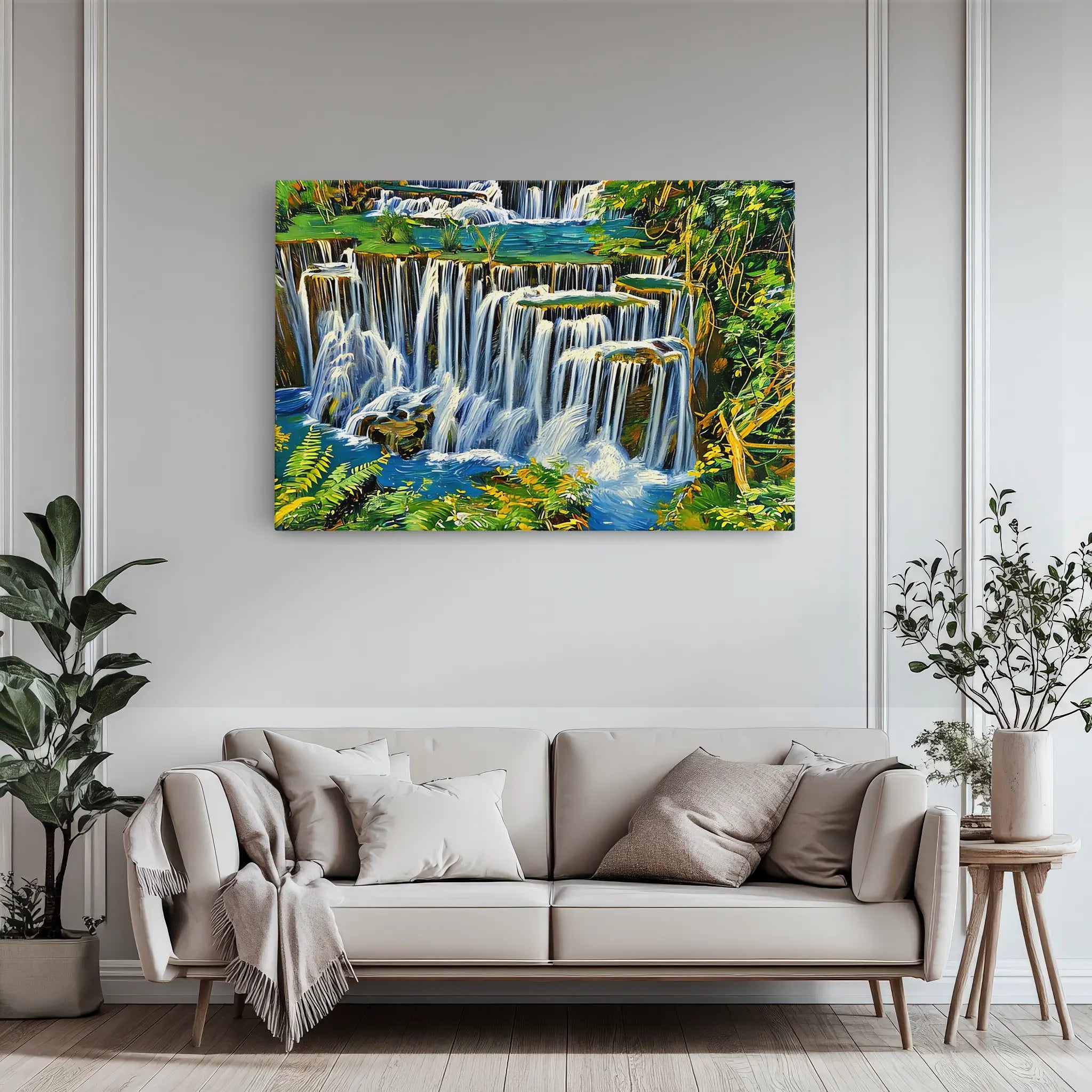 A vibrant painting of a waterfall surrounded by lush greenery hangs above a modern beige sofa with cushions and a throw blanket.