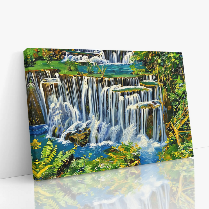 Canvas painting of a vibrant waterfall surrounded by lush greenery.