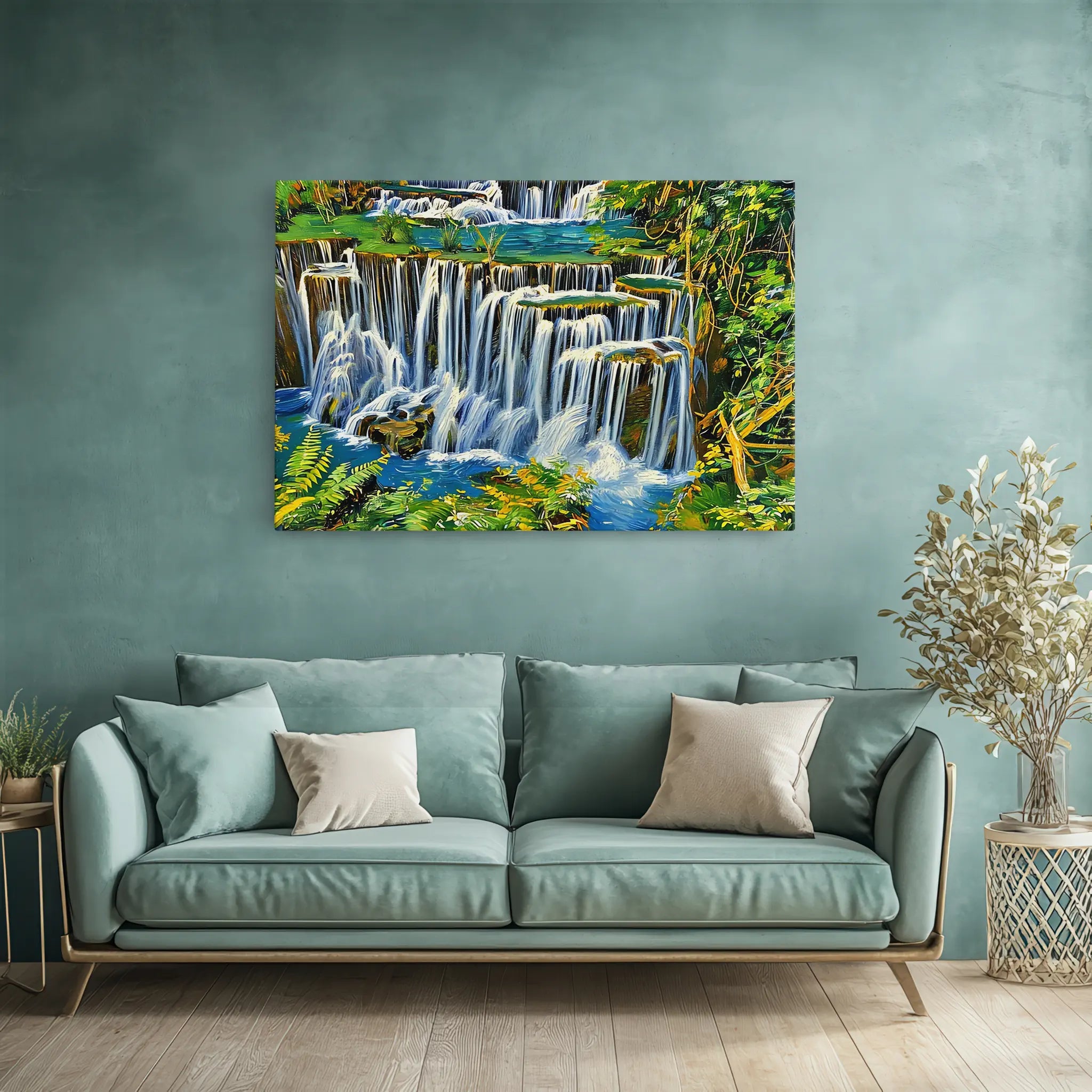 Painting of a vibrant waterfall scene hanging above a teal sofa with cushions, next to a potted plant.