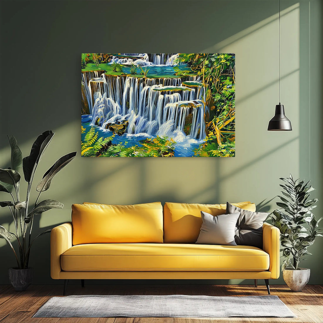 Yellow sofa with gray pillows in a green room, featuring a vibrant waterfall painting above and surrounded by plants.