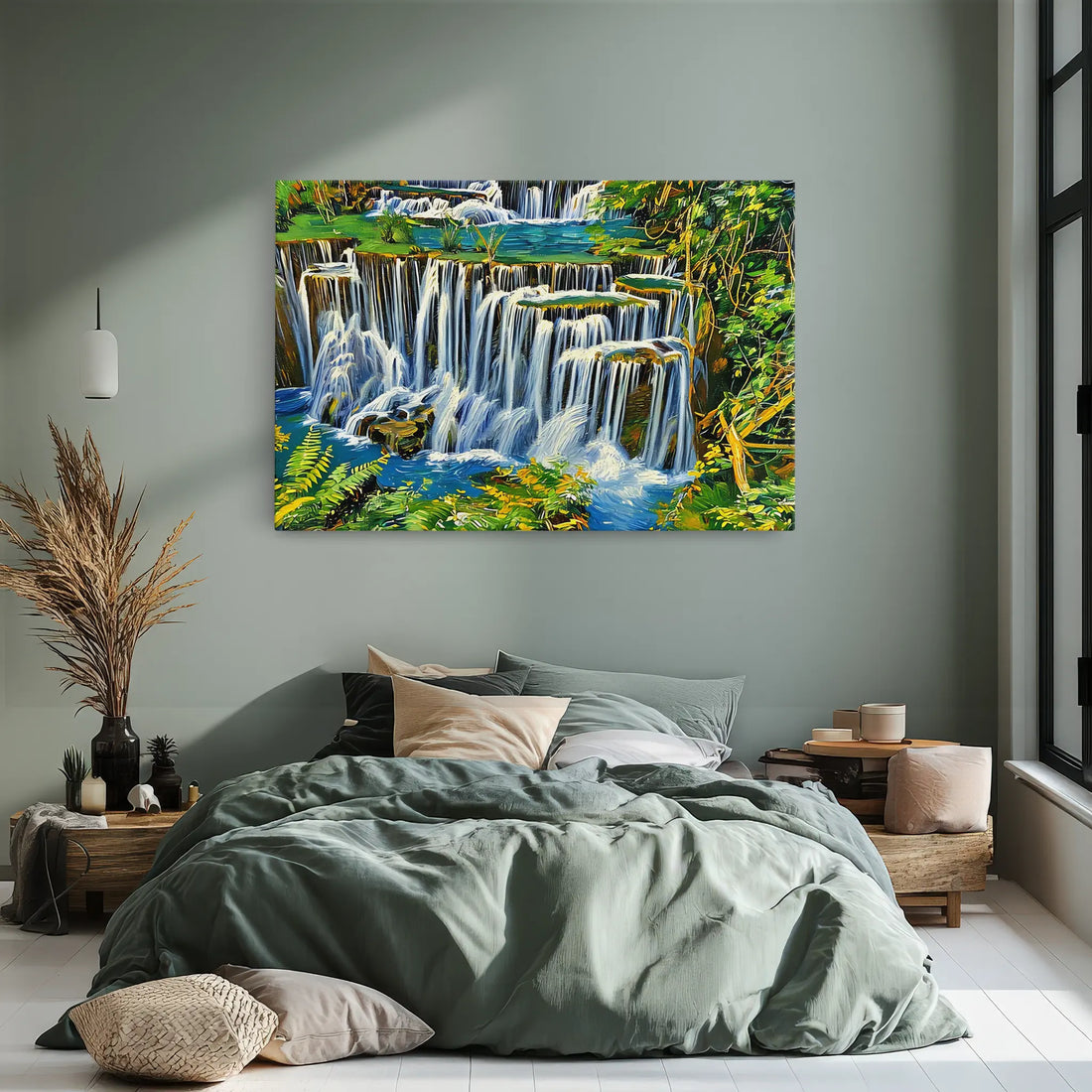 Bedroom with green bedding, decorative pillows, and a vibrant waterfall painting on the wall.