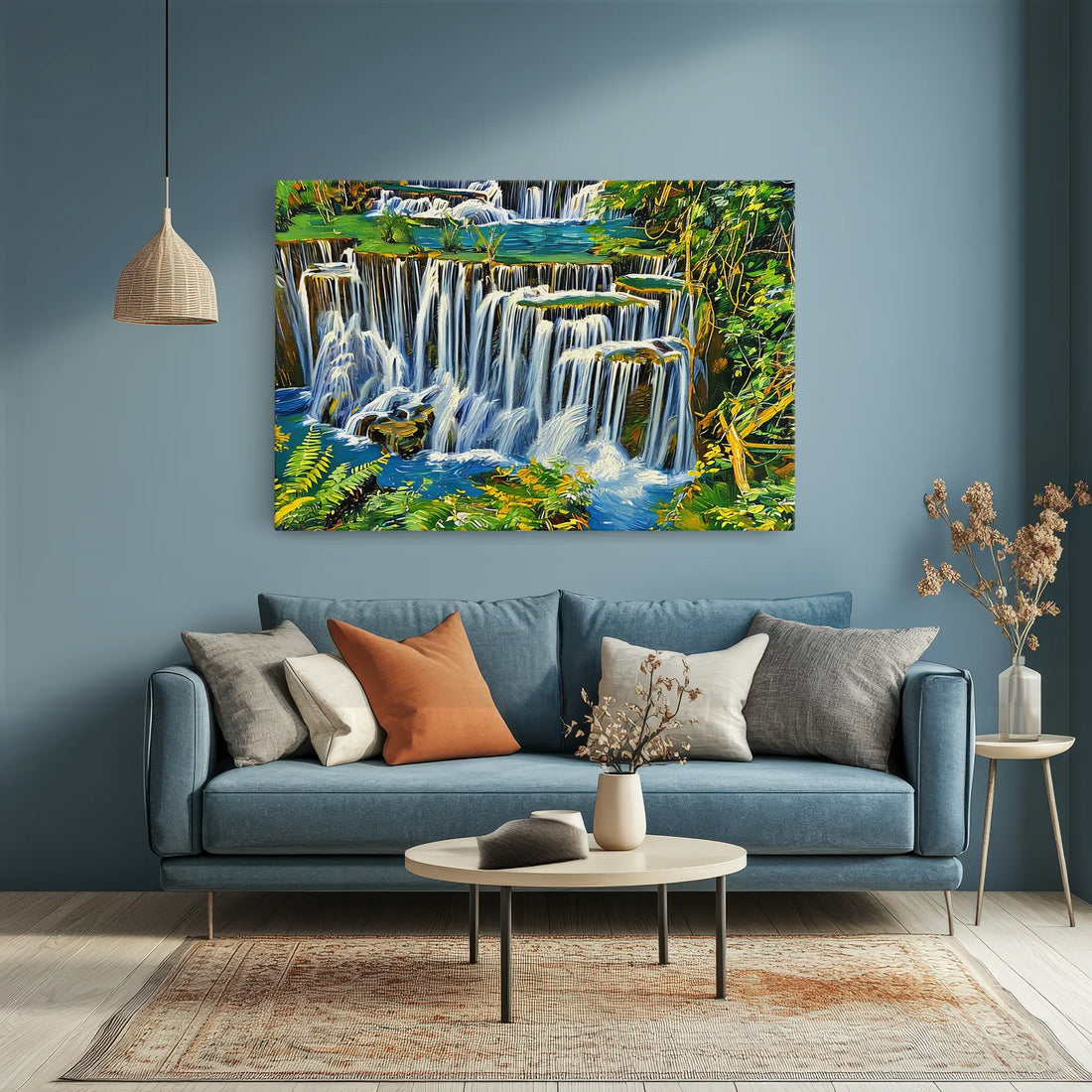 A cozy living room with a blue sofa, colorful cushions, a round coffee table, and a vibrant waterfall painting on the wall.