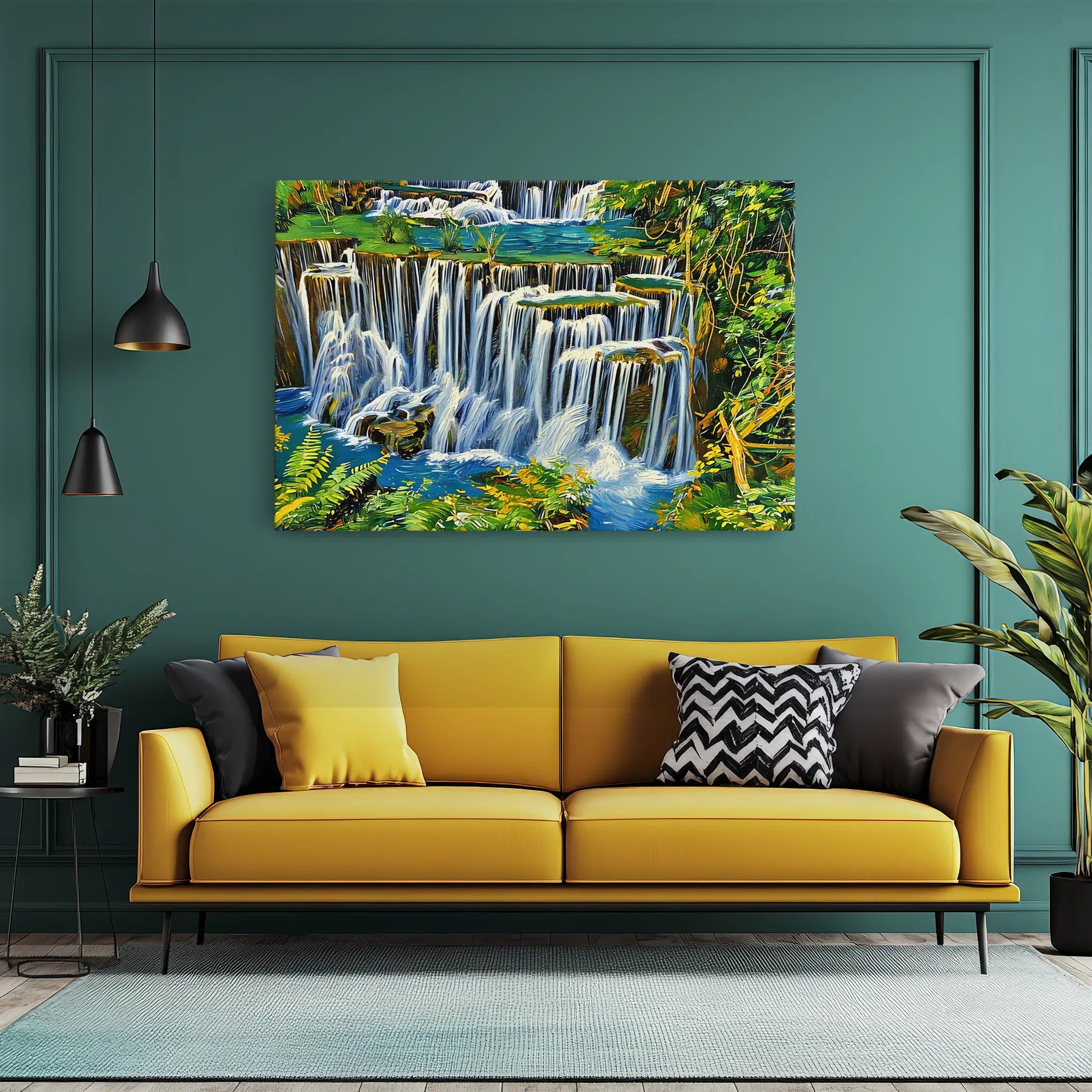 A vibrant painting of a waterfall hangs above a modern yellow sofa with assorted pillows in a stylish living room.