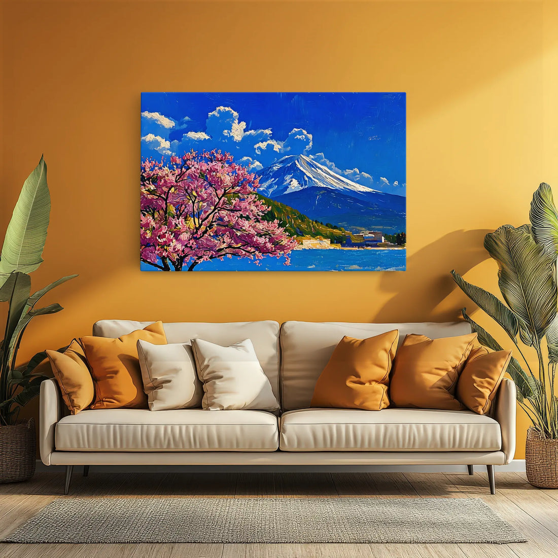 A beige sofa with orange and white cushions is set against a mustard yellow wall, featuring a vibrant painting of a snow-capped mountain, pink cherry blossoms, and a blue sky.
