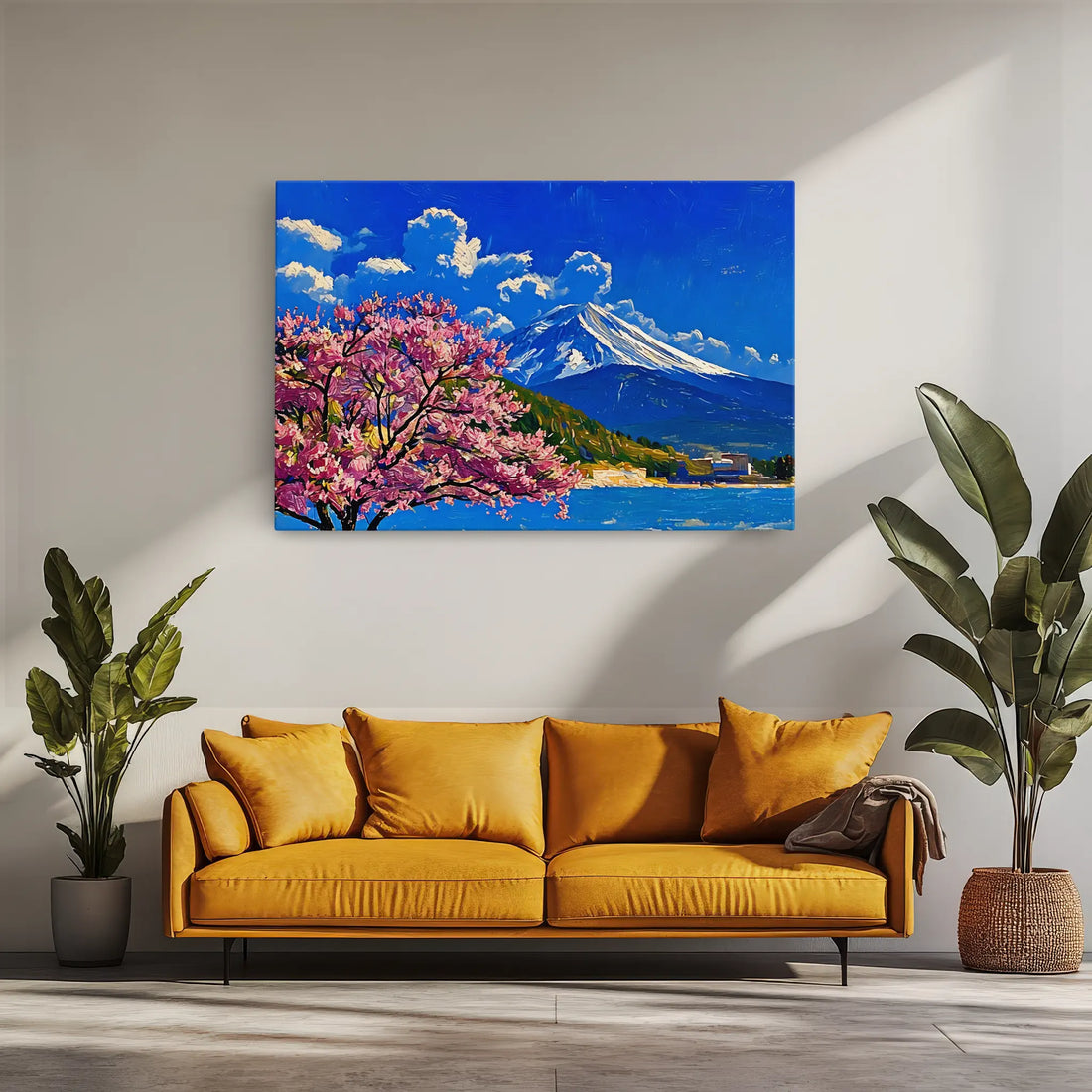Yellow sofa with cushions, flanked by potted plants, beneath a vibrant painting of a snow-capped mountain and cherry blossoms.