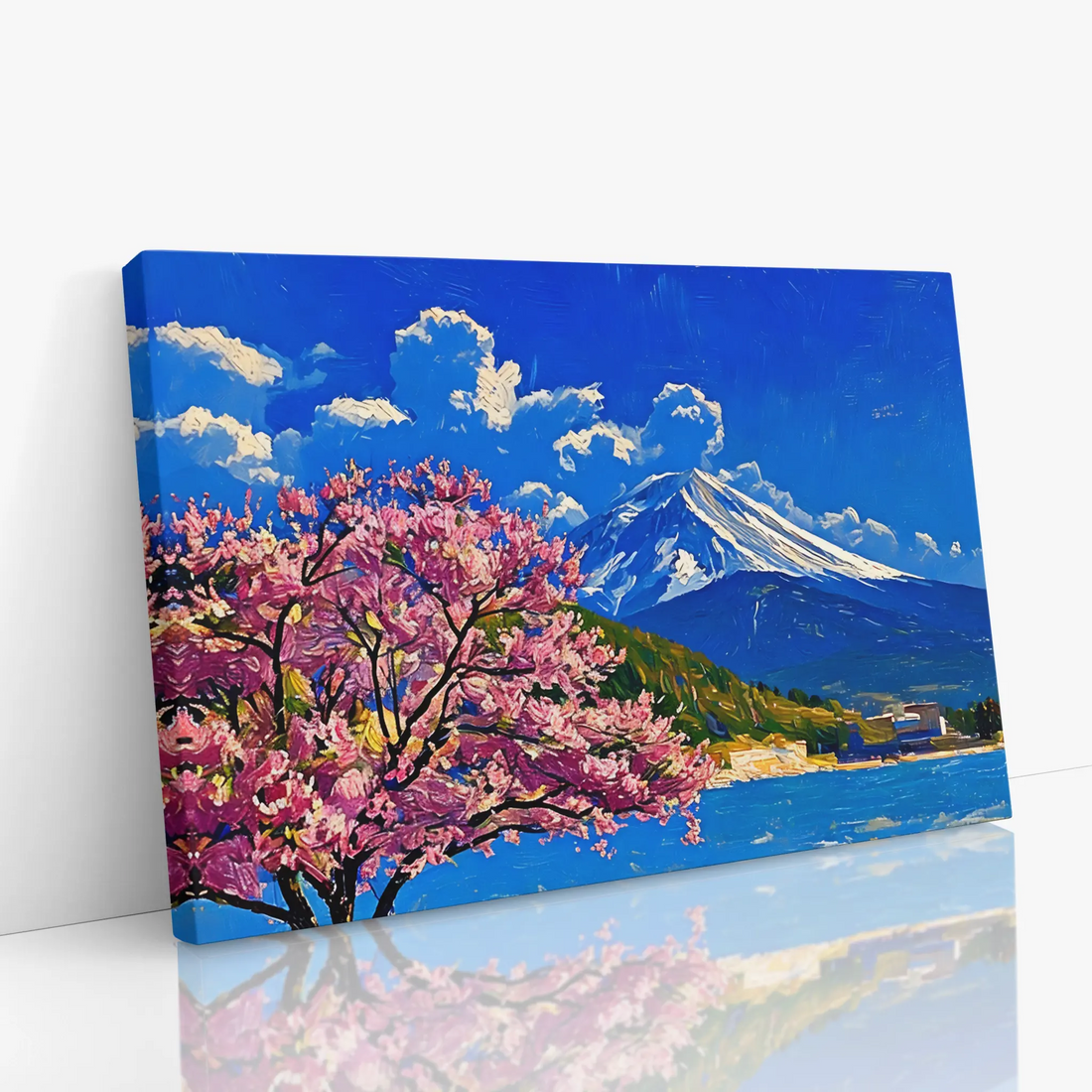 Canvas painting of a cherry blossom tree with a snow-capped mountain and blue sky in the background.