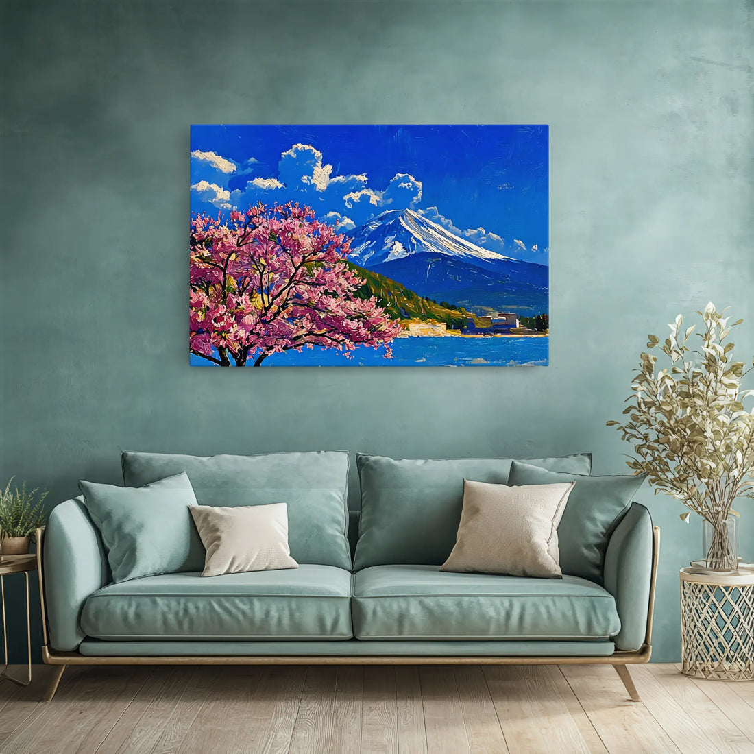 A teal sofa with beige and white cushions, set against a teal wall featuring a vibrant painting of a mountain, cherry blossoms, and a lake.
