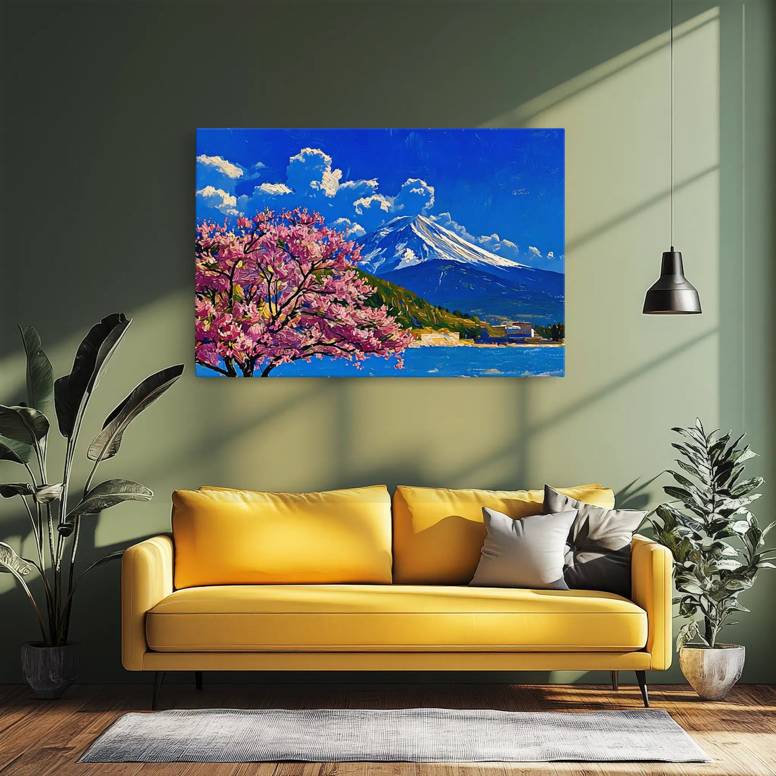 Yellow sofa with gray pillows in a room featuring a large painting of a mountain and cherry blossoms.