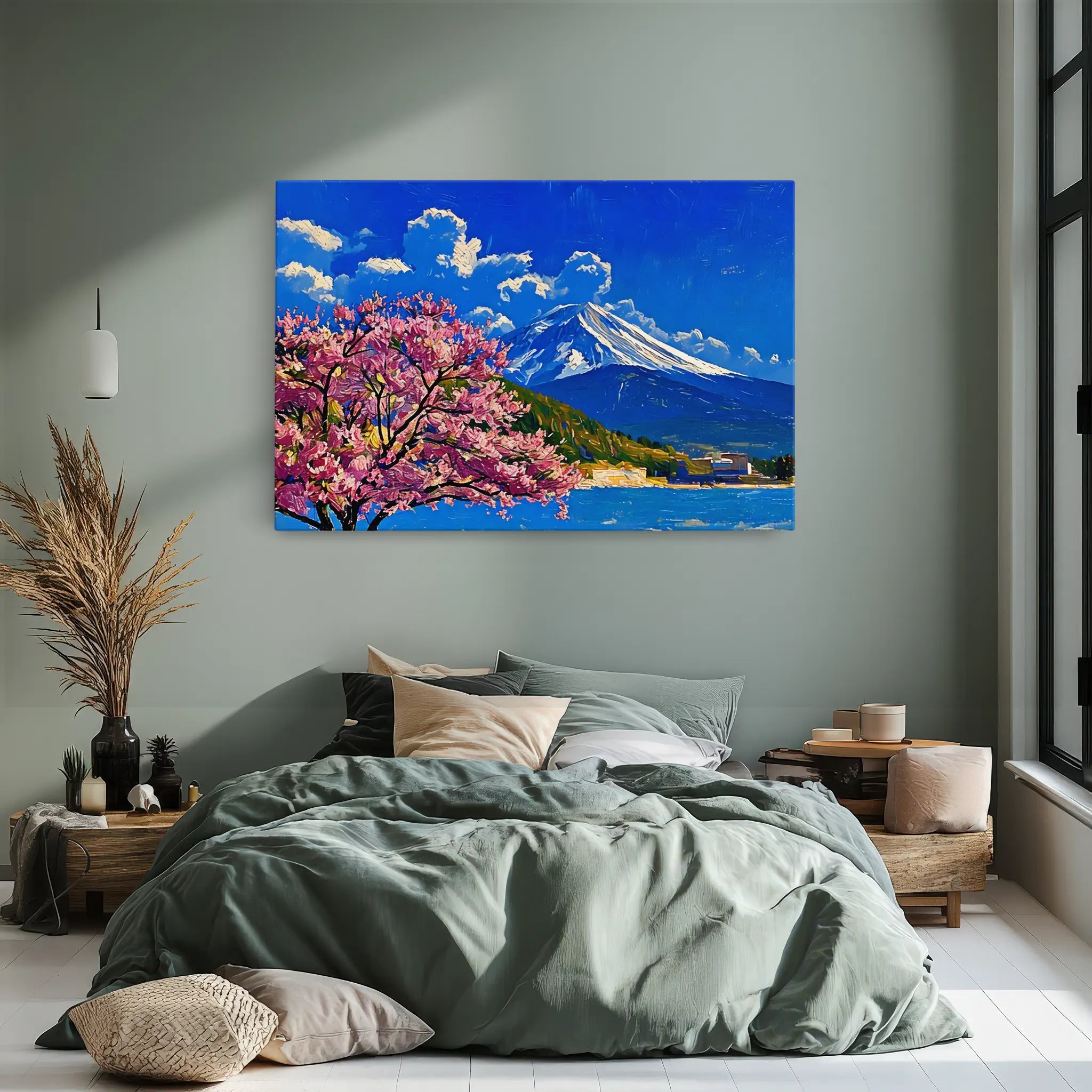 A bedroom with a green bedspread, pillows, and a large painting of a mountain and cherry blossoms on the wall.