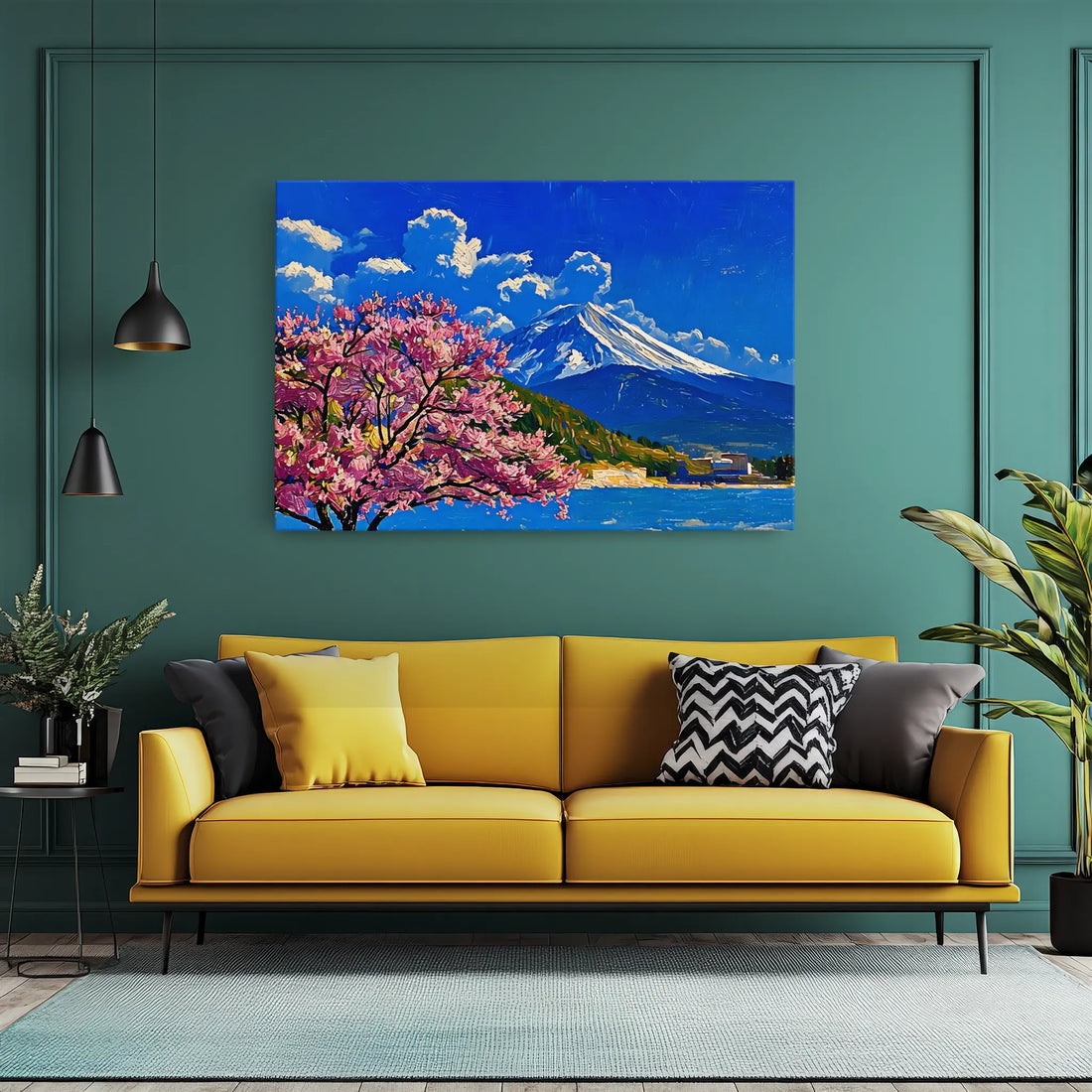 Yellow sofa with colorful cushions in a teal room, featuring a vibrant landscape painting of a mountain and cherry blossoms above.