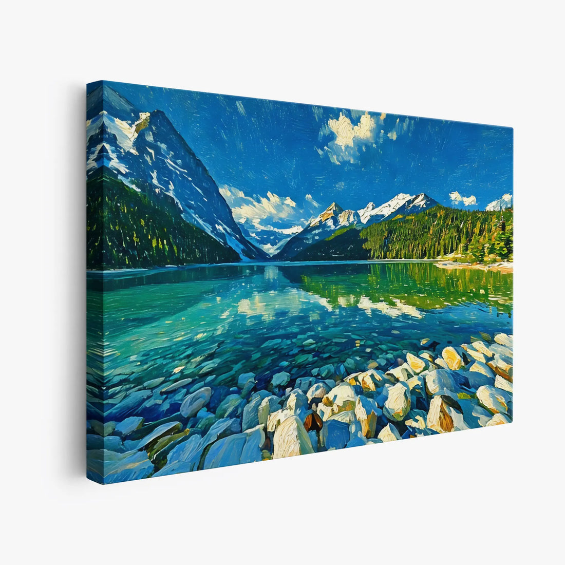 Canvas print of a serene mountain lake scene with clear blue water, rocky shoreline, and snow-capped peaks under a bright blue sky.